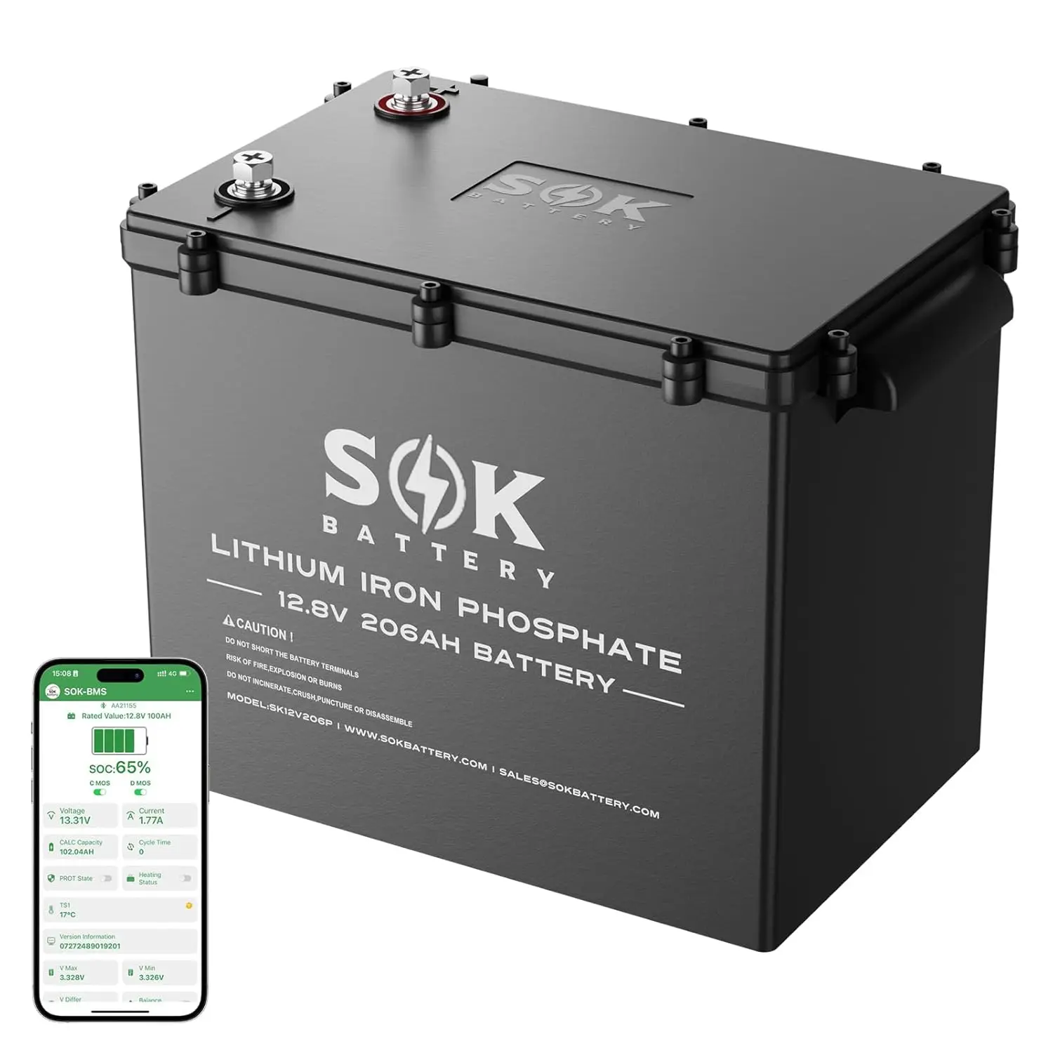 

SOK 12V 206Ah LiFePO4 Lithium Battery with Bluetooth, Smart BMS, Built-in Heater & Waterproof Plastic Case, 8000+, Customized