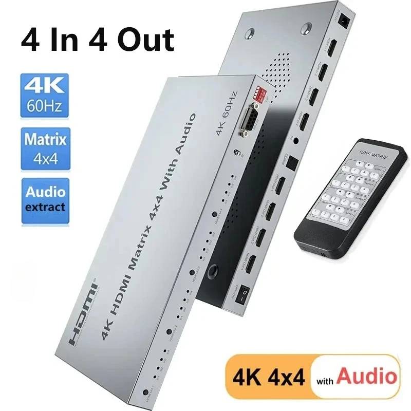 4K 60Hz 4x4 HD Matrix with Audio Extractor HDR 3D 1080P Video Switcher Splitter 4 in 4 Out HDCP2.2 EDID RS232 for PS4 PC To TV