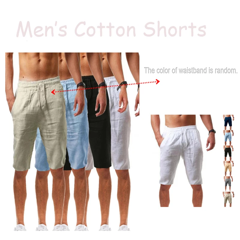 

Men's Cotton Shorts Pants Male Summer Breathable Solid Color Linen Short Trousers Fitness Streetwear S-3XL