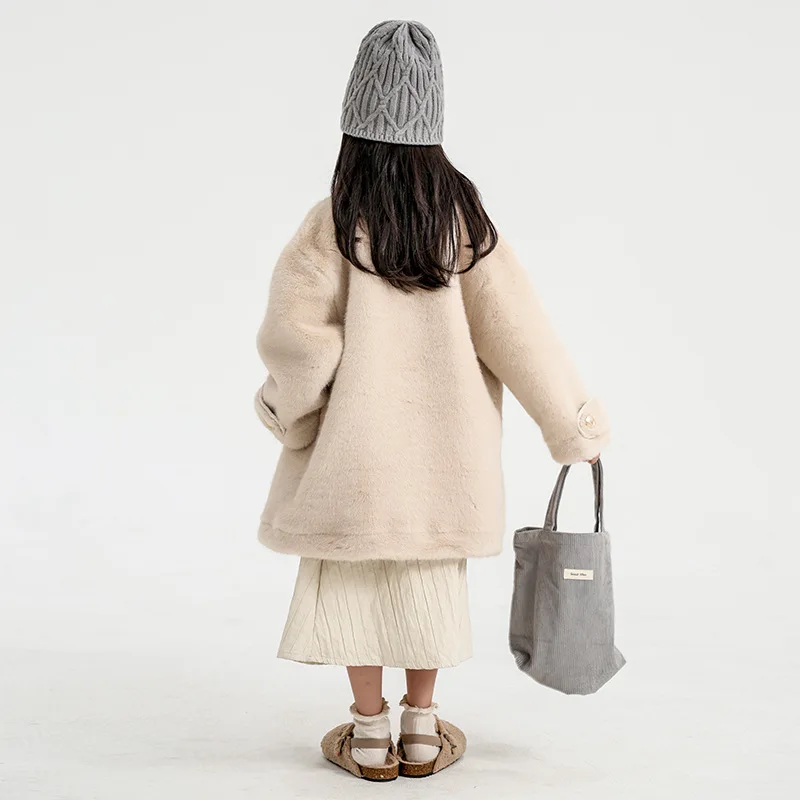 YBFSKID Winter Children Girls Woolen Jacket Faux Fur Soft Thick Warm Toddler Kids Girl Overcoat Teens Girl Mid-length Outerwears