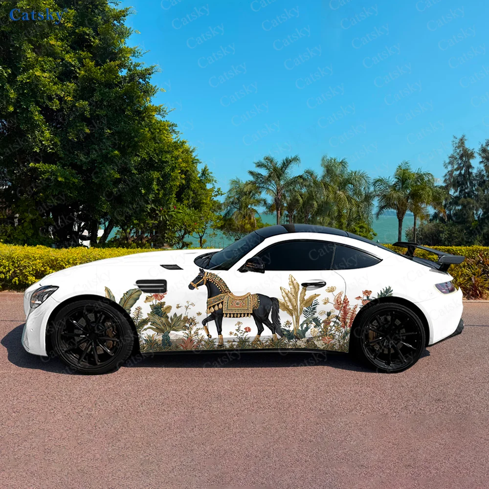 

Fine Horse Walk Grass Car Side Sticker Decoration, PVC Waterproof Scratch Resistant Decal, Car Protection, Auto Accessories Gift