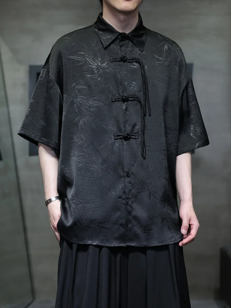 

Ice Silk Men's Short Sleeve Shirt New Chinese Style Hanfu Button up Top Loose Fit Summer Fashion Youth Printed Casual Shirt