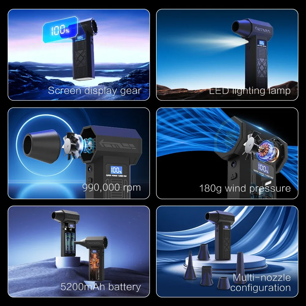 Турбореактивный вентилятор 990000 об/мин, воздуходувка Hurricane, беспроводной электрический воздушный насос для пыли, 4-скоростной регулируемый бесщеточный двигатель, 5200 мАч R