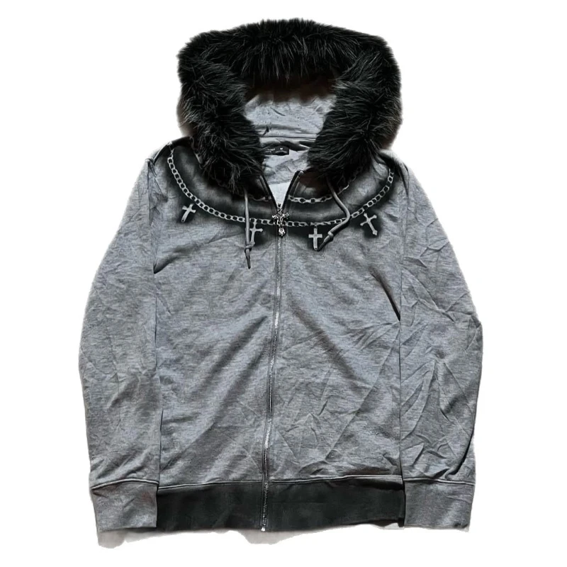 Mens Hoodie Y2K Gothic Streetwear Gray Zip Up Sweatshirt Faux Fur 