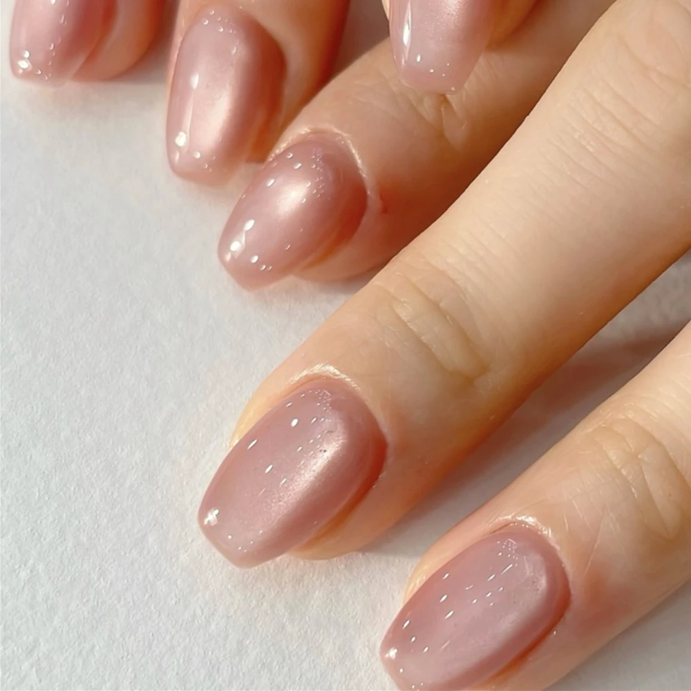 

Pink Cat Eye Short T-shaped Nail Art Sparkling Solid Color Wearable Fake Nails Detachable Finished False Nails Press on Nails