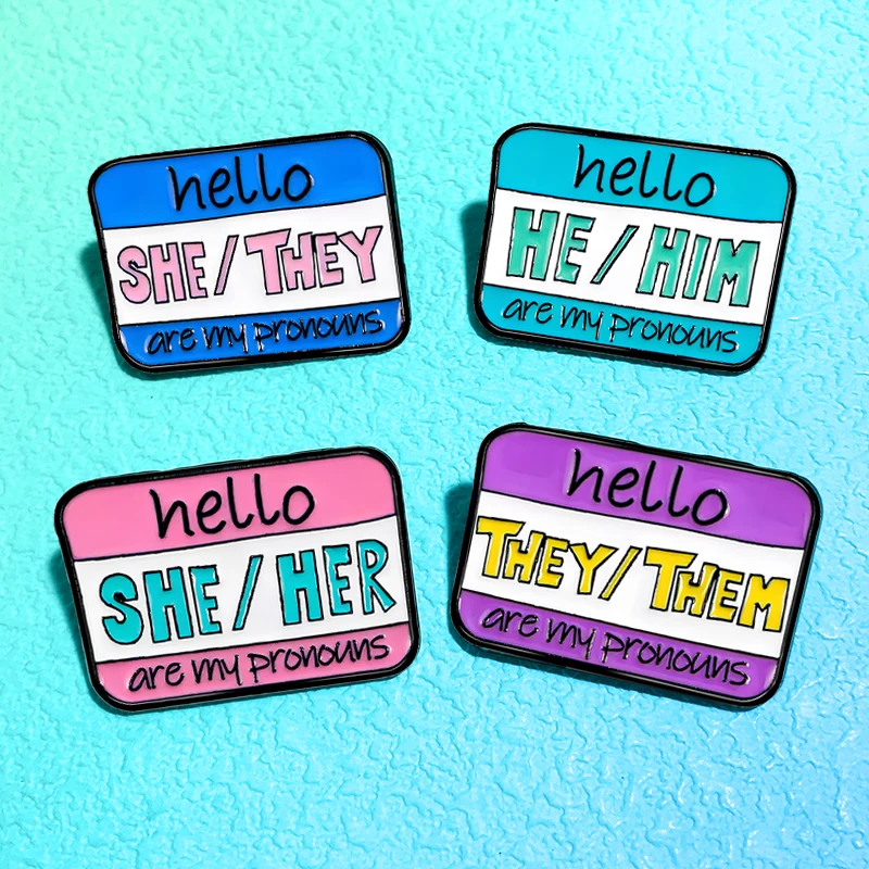 Cartoon She They Pins 4-design Enamel He Him English Words Metal Pin For Denim Jacket Backpack Lapel Badge Brooch Friends Gifts