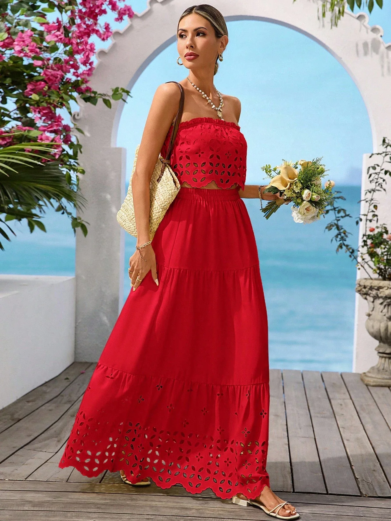 

Red Hollow Out Bandeau Top And Skirt 2-Piece Set For Women Summer Beach Vacation Outfit
