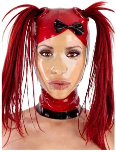 Latex hood  Costumes Bondage with back zipper including  hair Wigs piggy holder and long wig hairpiece pony tails cosplay