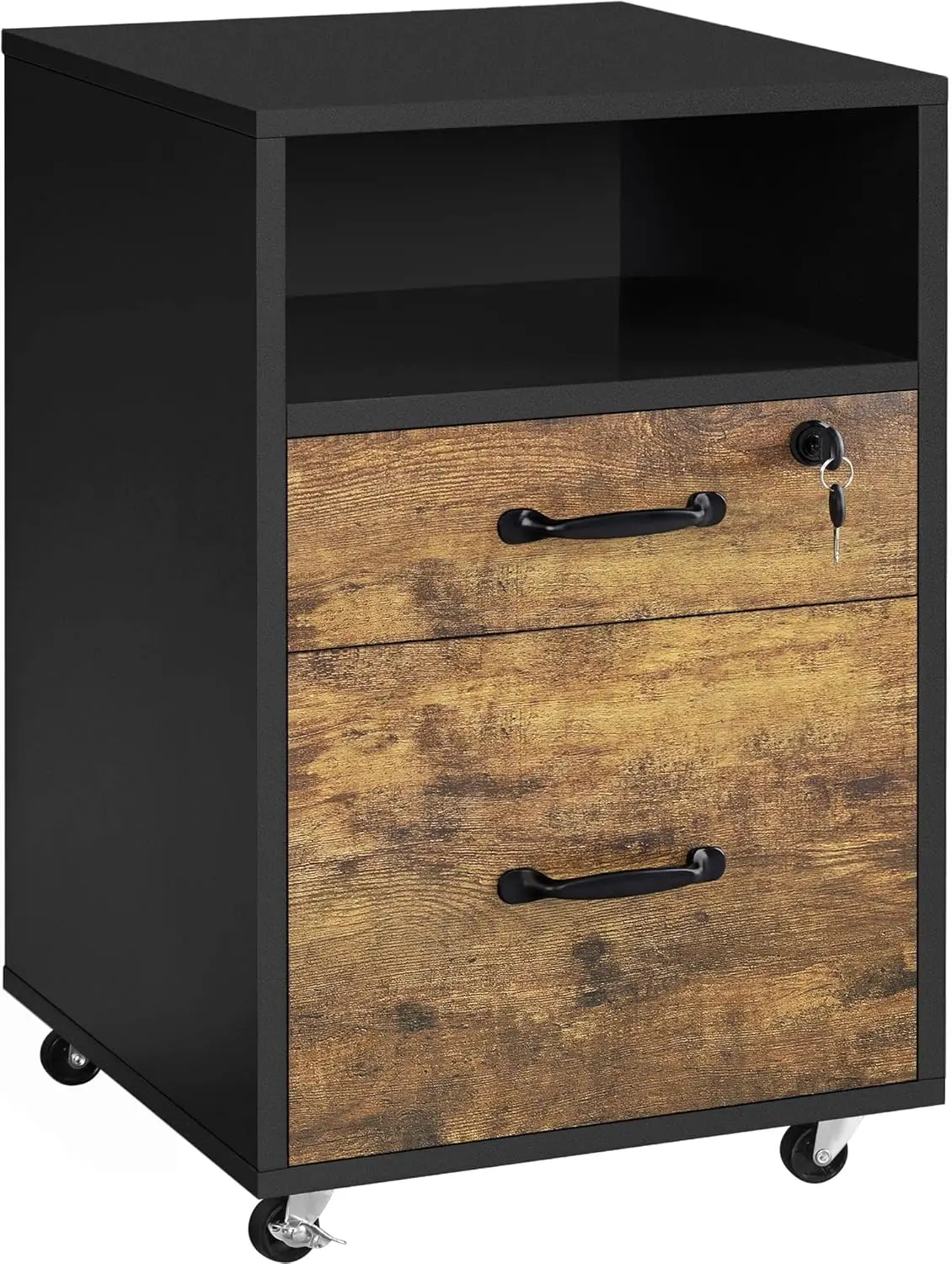 

File Cabinet, Under Desk Vertical Cabinet With 2 Drawers and Open Compartment, Printer Stand with Lockable Wheels for A4 Letter