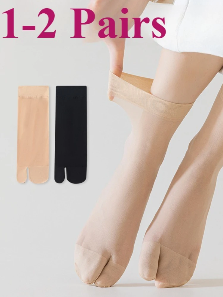 1-2 paires d'été mince solide en Nylon Tube moyen chaussettes en soie Style japonais mignon Tabi orteil chaussette respirant deux orteils chaussettes séparées