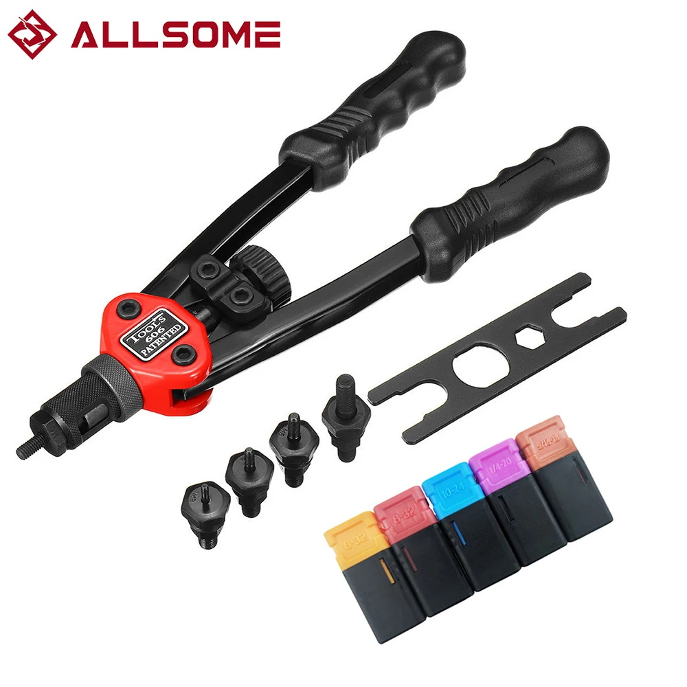 ALLSOME mano rivetto dado Tool Kit rivettatrice cieca a mano con 5 pz Mandrels 6-32,8-32,10-24,1/4-20,5/16-18