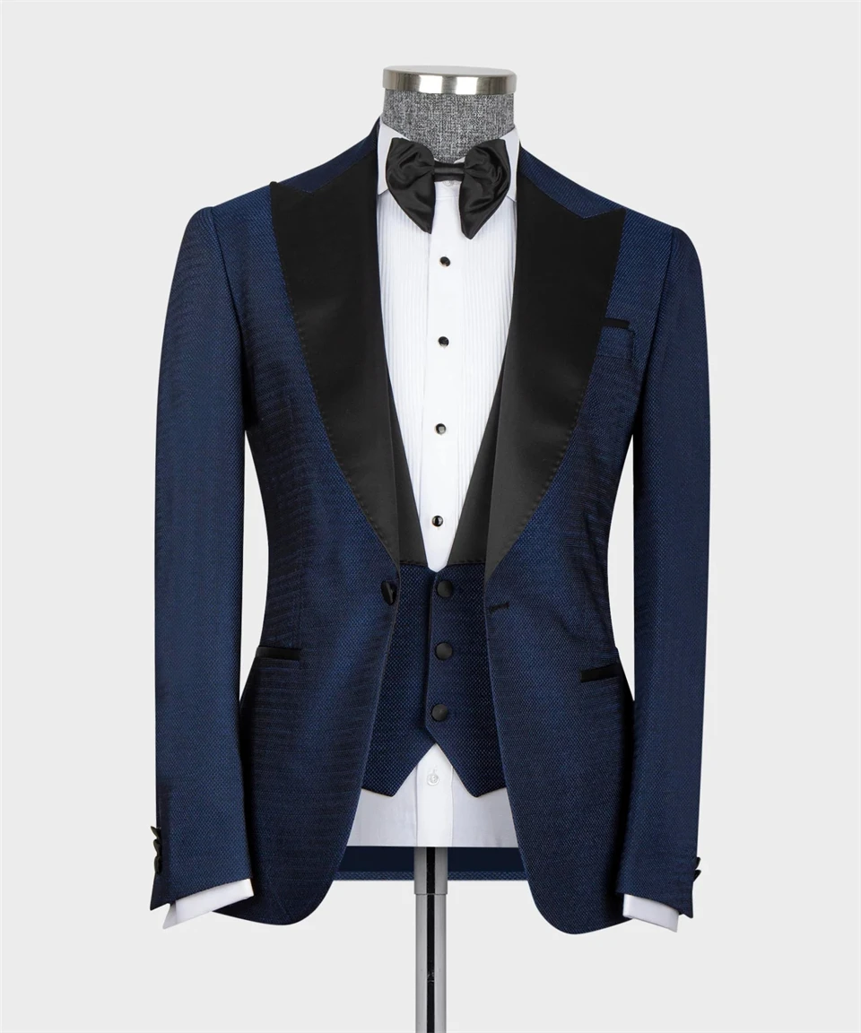 

Navy Blue- Black Lapeled Groom Tuxedo Customized Business Wear Men's Suits 3PCS Blazer Vest Pants Formal Prom Party Suit