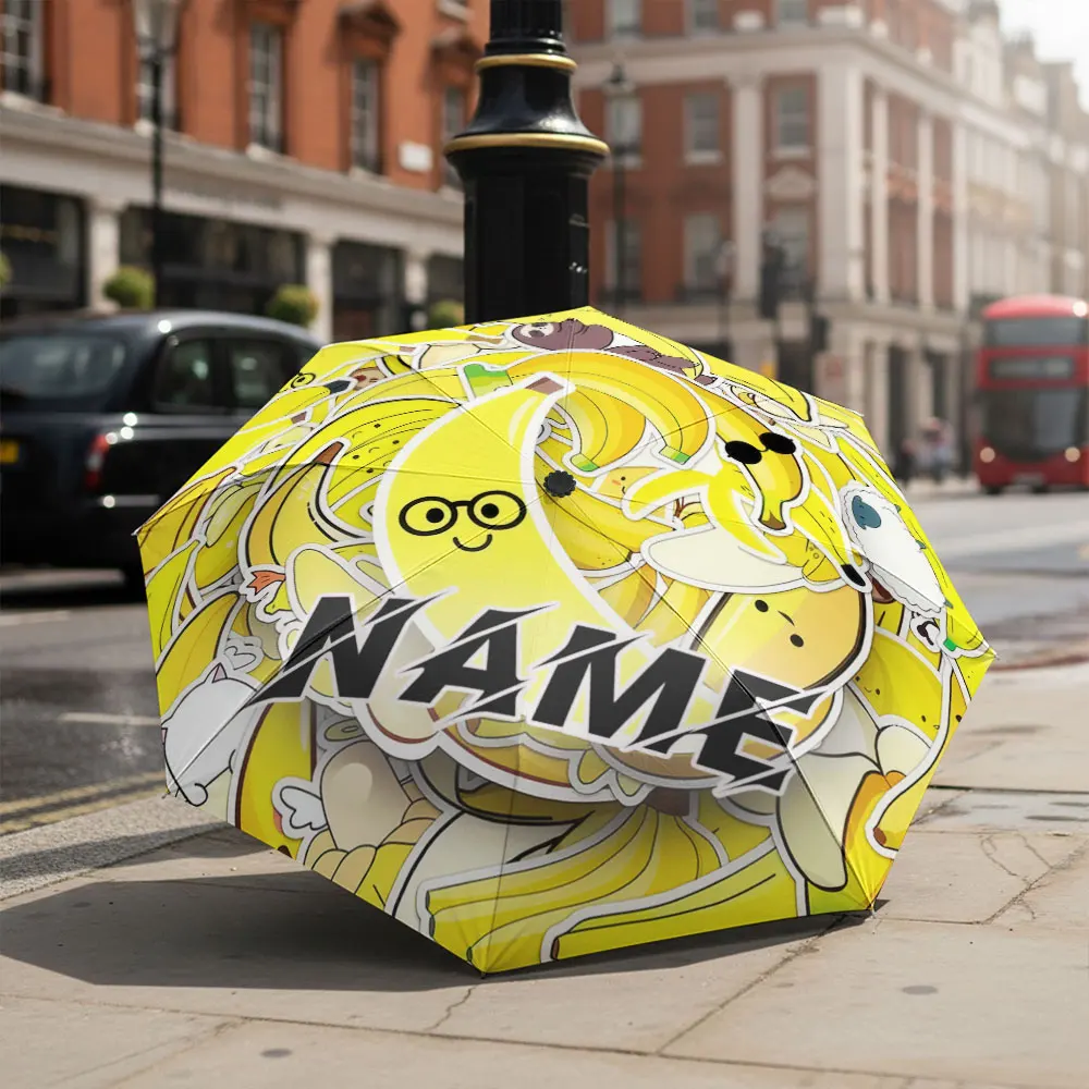 Custom Name umbrella, Playful Banana Characters Collage for Accessories Fashion Folding Umbrella for Daily Use, Christmas Gift