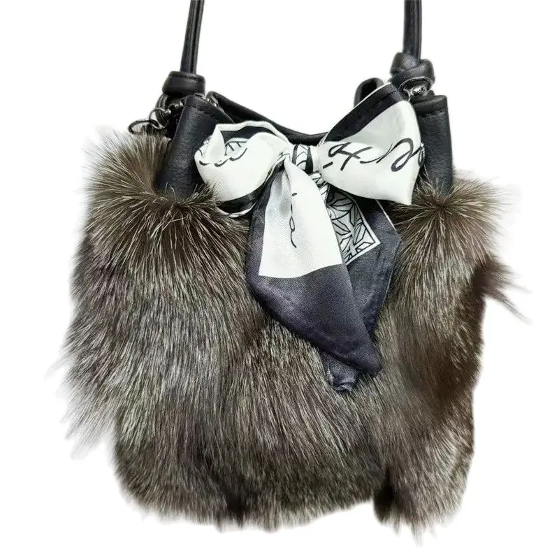 Fashion Winter Furry Bag Real Silver Fox Fur Handbags For Women