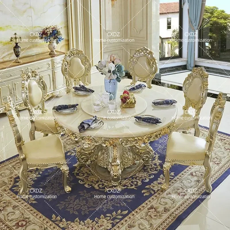 European Style Round Marble Dining Table Set with Turntable Solid Wood Base Flower Pattern for Villa Restaurant Home Kitchen