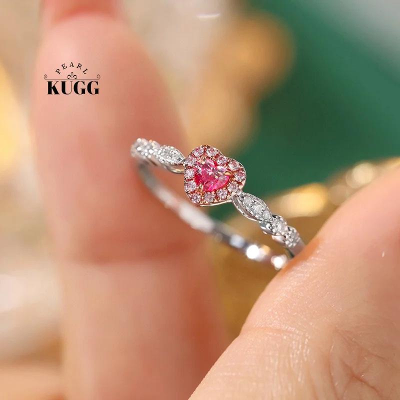 KUGG 100% 18K White Gold Rings Romantic Heart Design Real Natural Pink Diamond Engagement Ring for Women High Wedding Jewelry