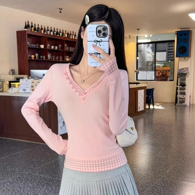 Sweet Girl Style Spicy Girl Trendy Top Spring/Autumn Pink V-neck Fake Two Piece Splicing Checkered Women's Long Sleeve T-shirt