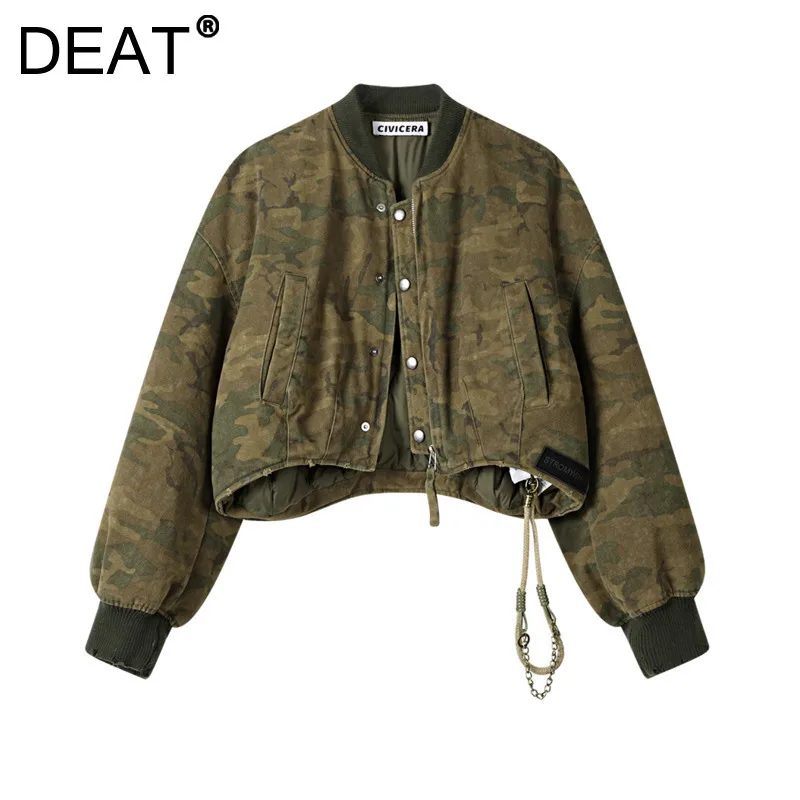 DEAT Women's Denim Coat Camouflage Printed Short Loose Cotton-padded High Waist Cargo Jackets 2024 Winter New Fashion 29L9144