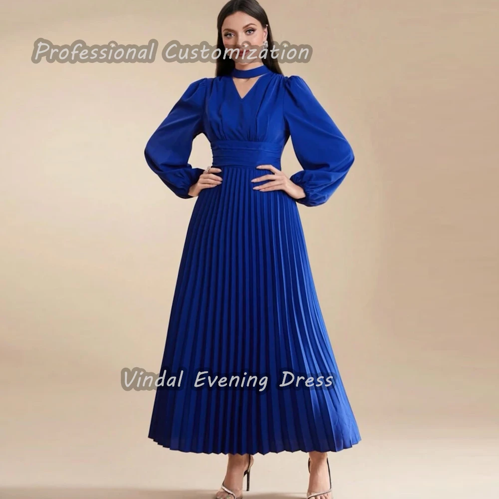 Vindal O-Neck Ankle length Prom Dress A-Line Ruffle luxurious Breast Crepe padding Elegant Long Sleeves  السعود For Woman 2024