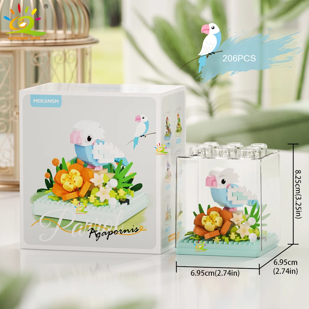 HUIQIBAO MOC Papagei Vogel Blume mit Display Box Micro Baustein Mini Diamant Modell Ziegel Spielzeug für Kinder Schreibtisch Dekor. – Detail 16
