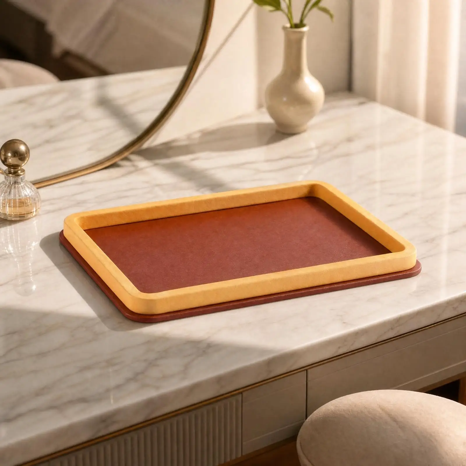 Rectangular Storage Tray with Raised Rim Space-Saving PU Leather and Wood Tray Low-Profile for Bedroom Vanity, Wardrobe Area,