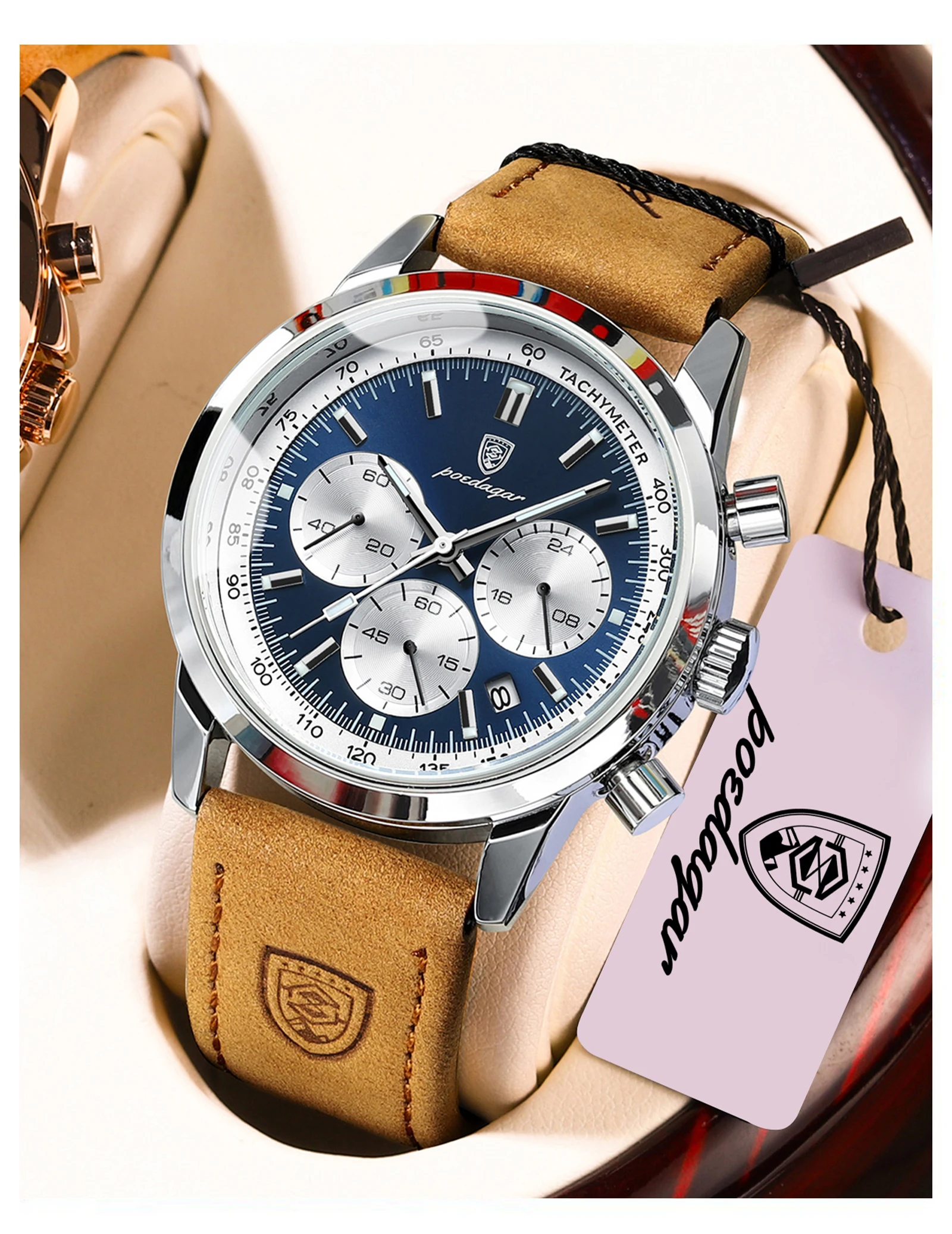 POEDAGAR Modische Herrenuhr Wasserdicht Leuchtend Leder Casual Herren-Armbanduhr Chronograph Hochwertige Herren-Quarzuhren Reloj – Detail 15
