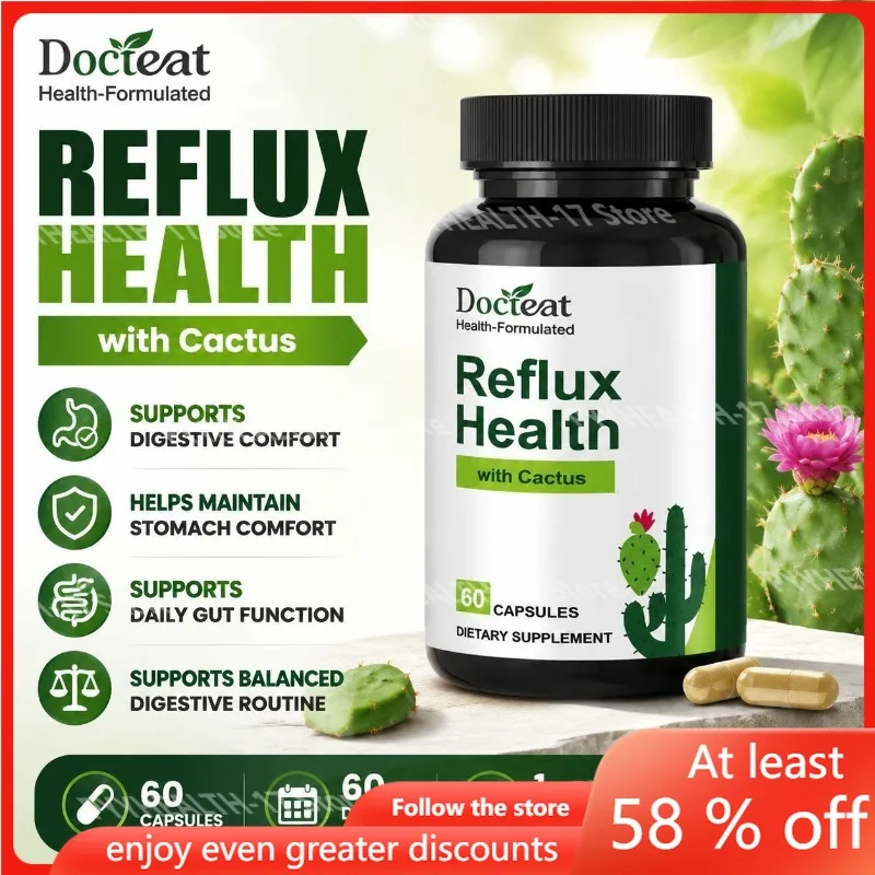 Docteat Cactus Comfort Focus Capsules with Aloe Vera Extract & Ginger Root, Balanced Digestive Comfort Support, 60 Capsules