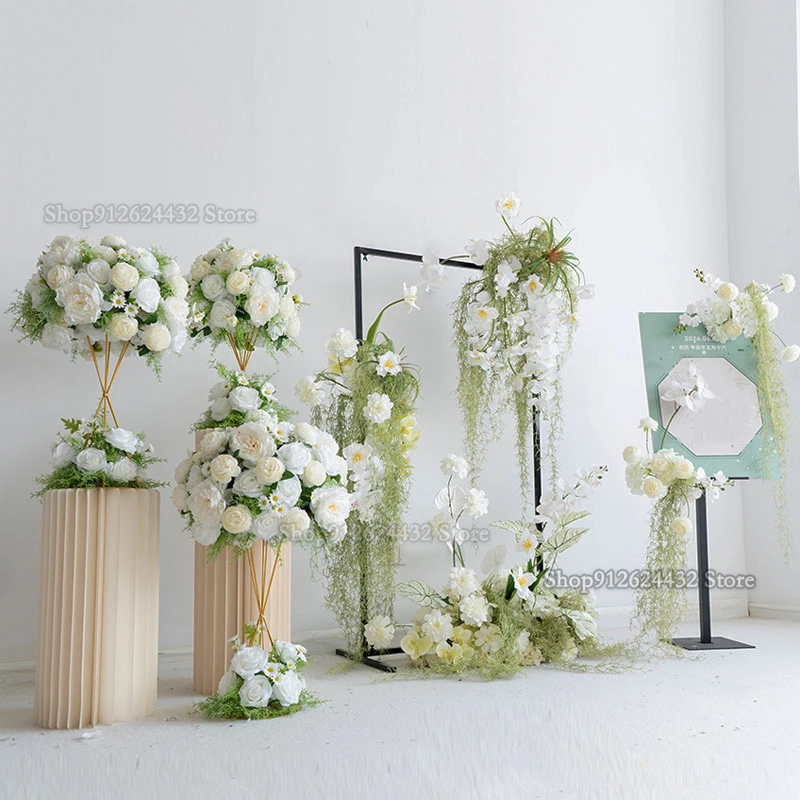 White Artificial Rose Green Leaf Flower Row Wedding Hanging corner Flower Centerpiece Backdrop Wall Deco Table Floral Party Deco view 2