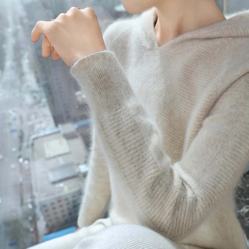 

Вязаный свитер с капюшоном из 100% норки и кашемира для зимы, пуловер для женщин, базовая элегантная теплая одежда с длинными рукавами, топы