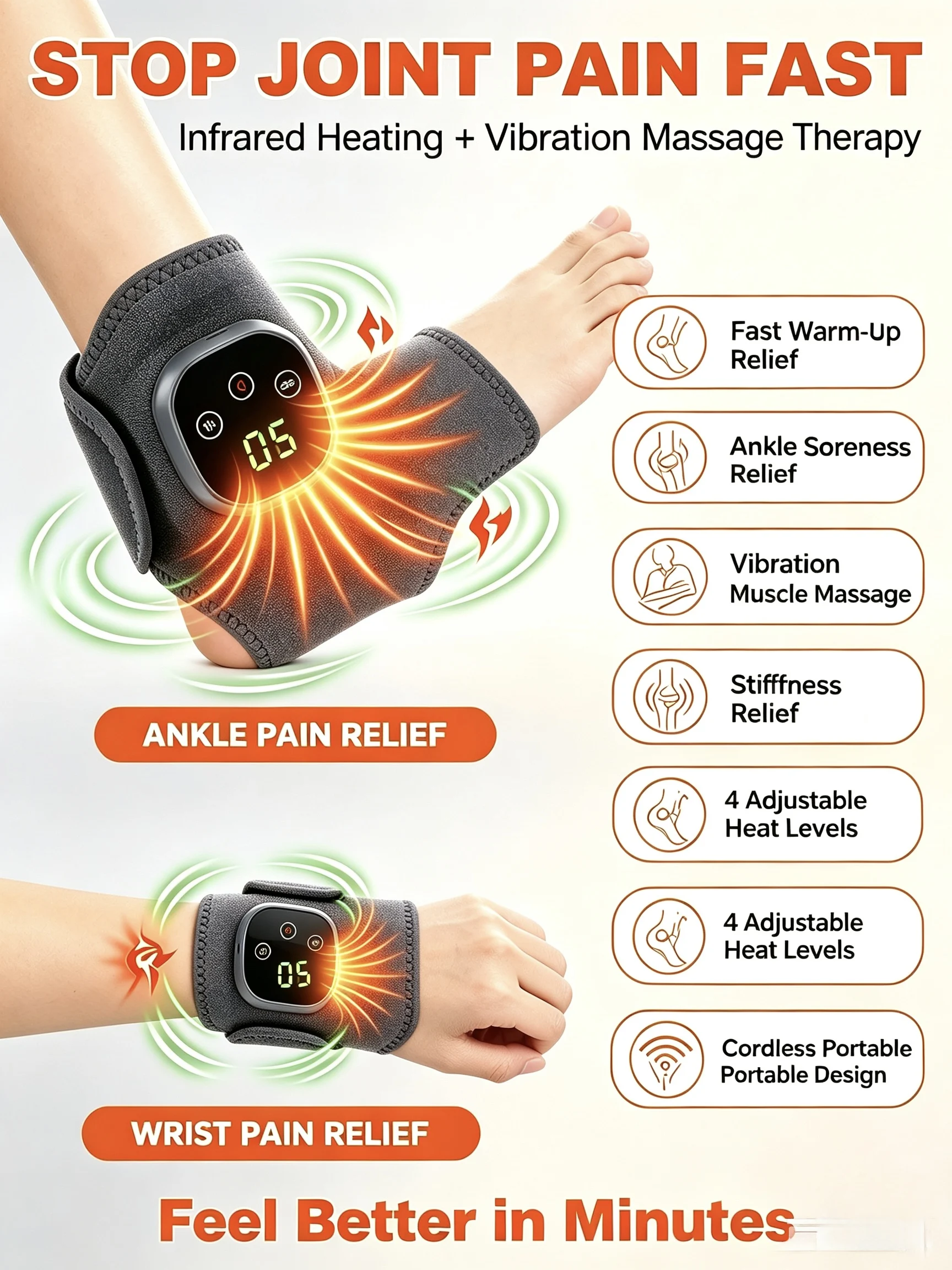 Cordless Heating Ankle Massager Brace Wrap, Electric Vibration Hot Compress Warmer, Portable Heated Support for Ankle Wrist Join