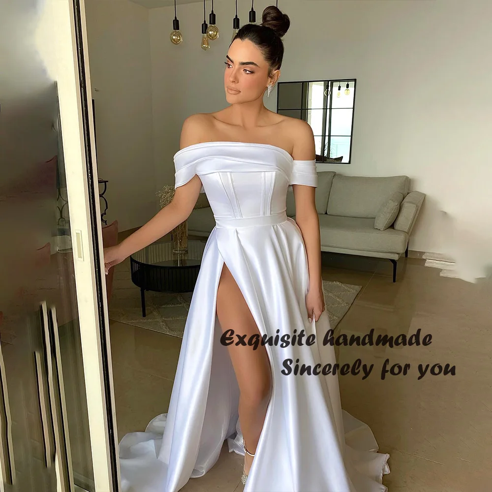 

White Satin Off Shoulder Wedding Dresses Sexy Leg Split Bohemian Bridal Gowns A Line Beach Bride Dress for Woman