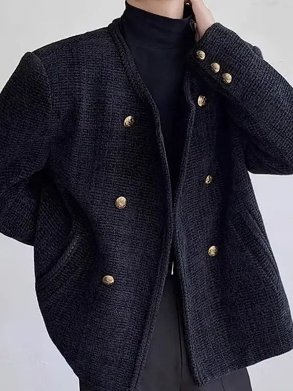 

Retro American Style Men's Woolen Suit Jacket Black Tweed Flavor Casual Top Fashionable Urban Loose Fit Spring Outerwear