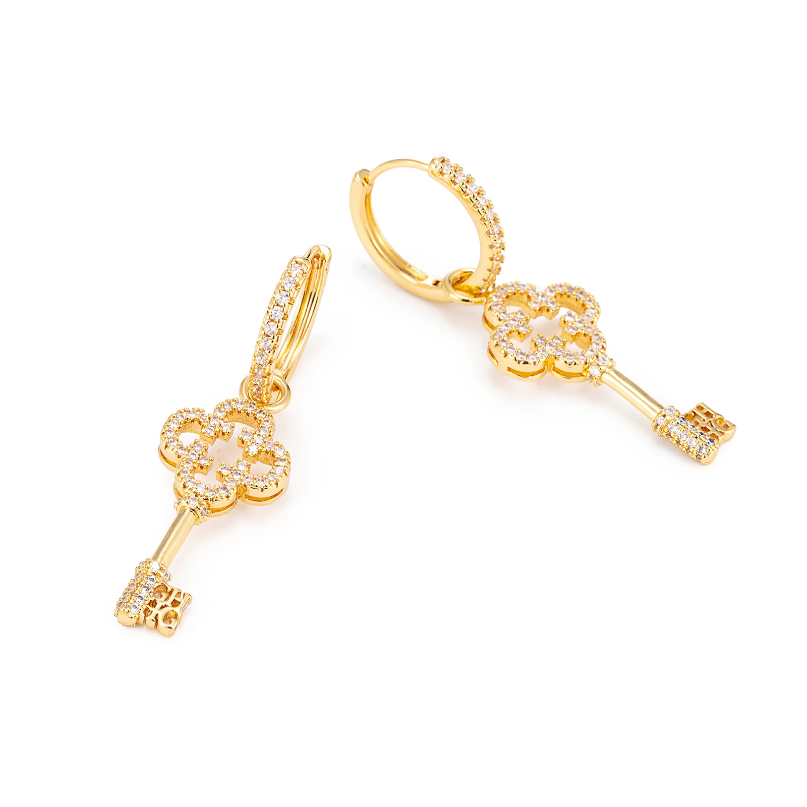 Luxury Zircon Clover Key Ear Cuff for Women Brass Detachable Pendant Dangle Earrings Lucky Vintage Party Jewelry Gift