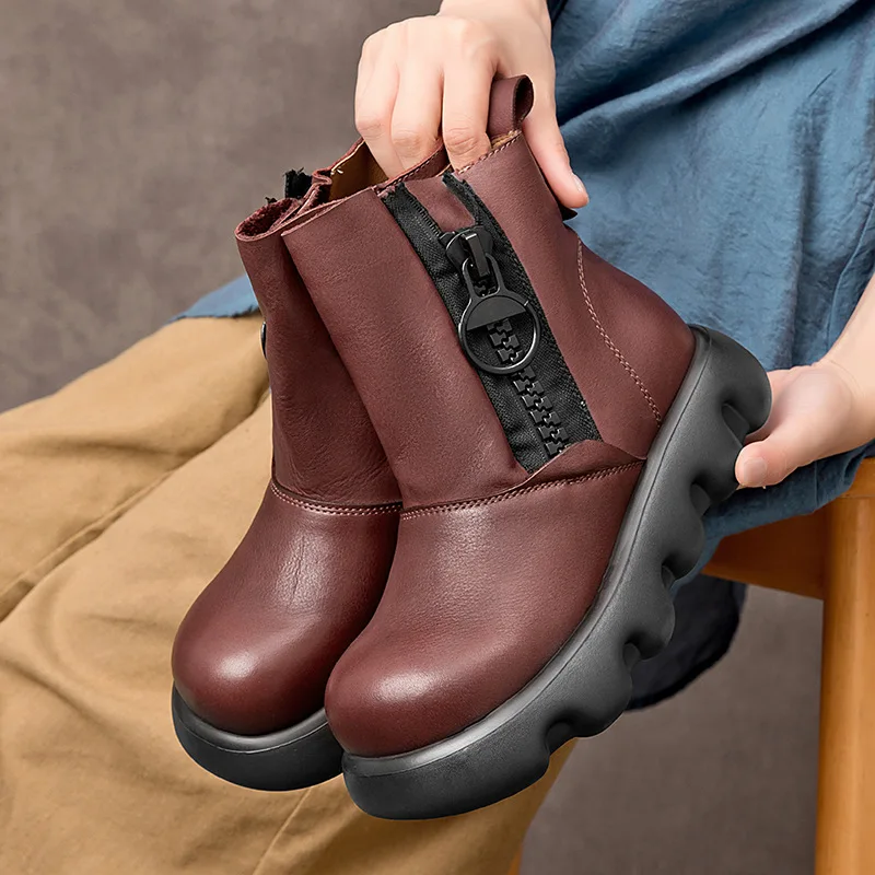 

4.5cm Big Zippers Flat Platform Short Boots For Women Luxury Genuine Leather Thick Heel High Top Shoes Luxury Big Toe Boots