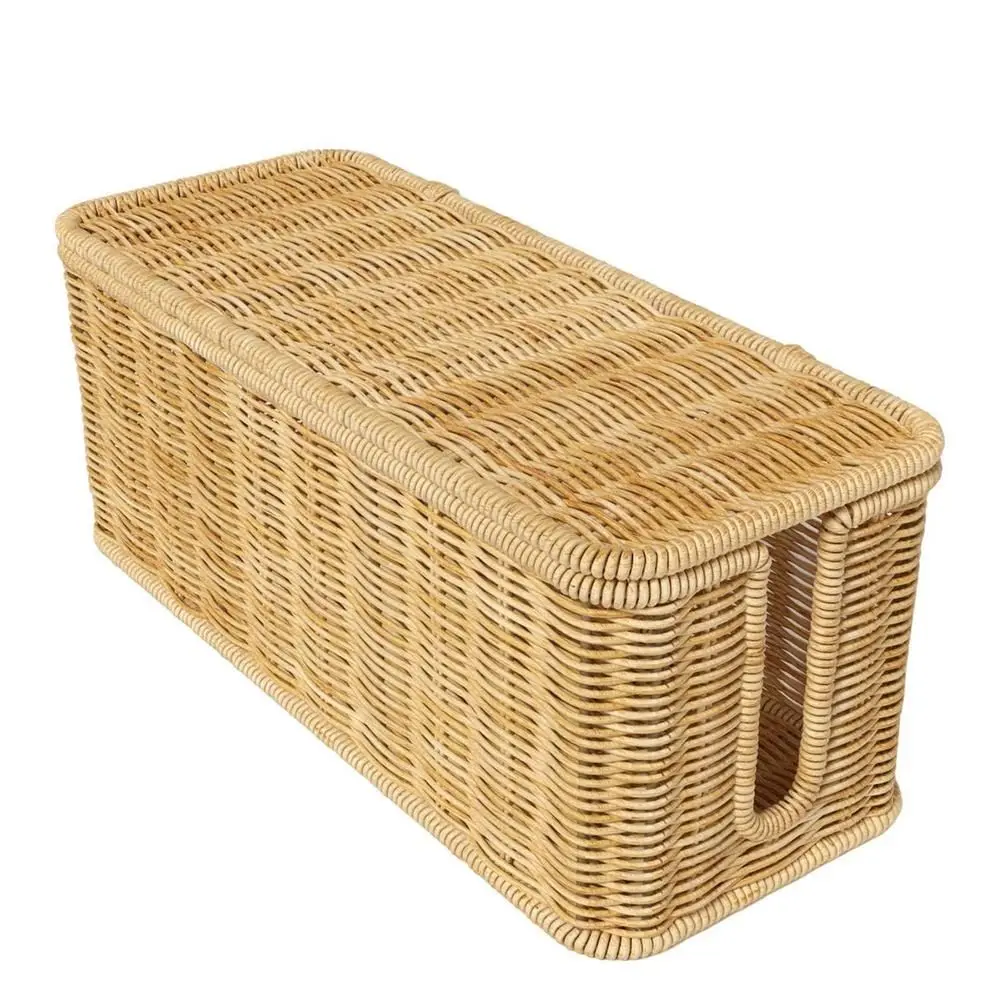 Handwoven Cable Management Box with Lid Hide Power Strip and Router Cord Organizer Hider Box 2 Open Slots Imitation Rattan Box