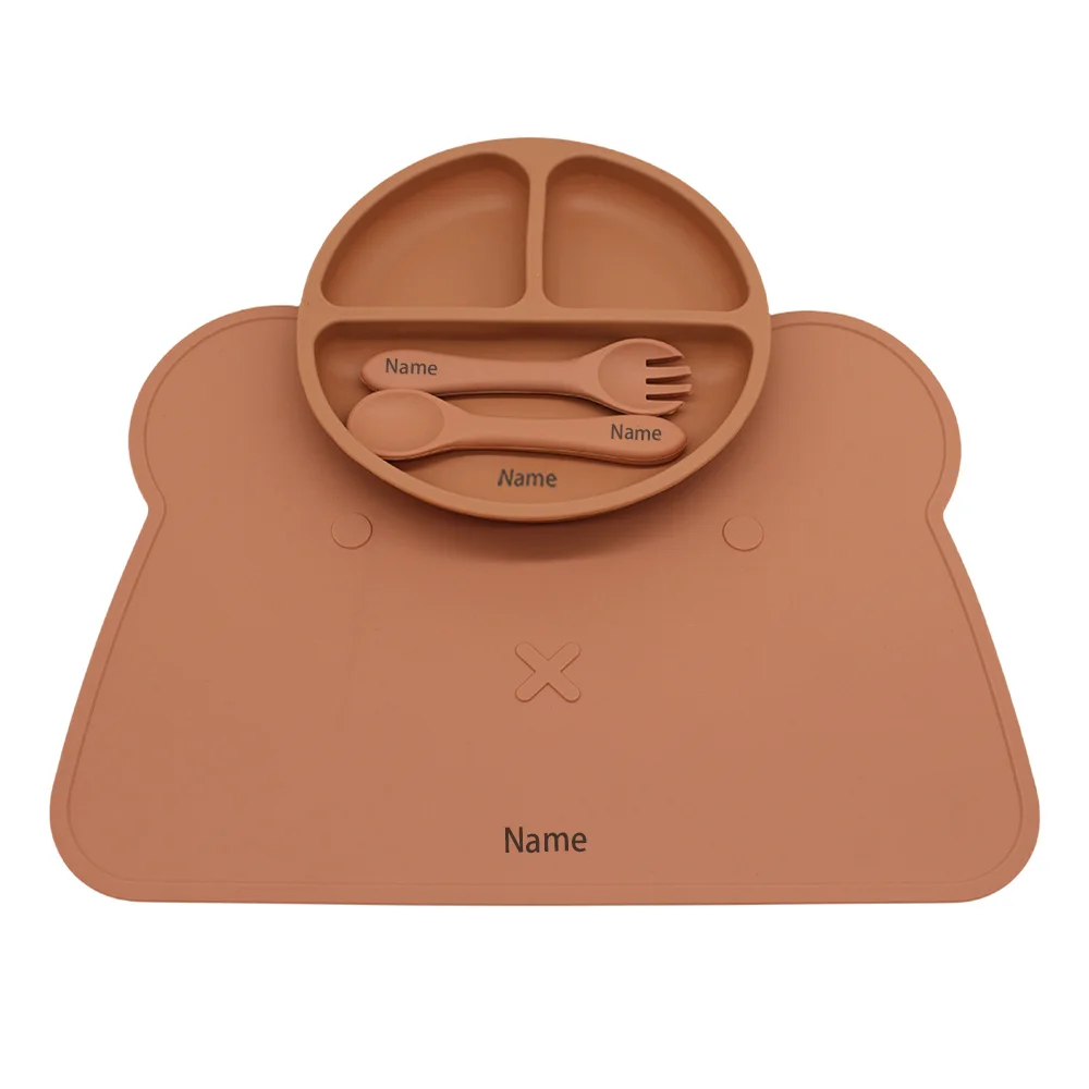 Free Name Printing Children's Tableware Set: Divided Plate, Placemat, Fork & Spoon, Silicone Material, Kids' Gift