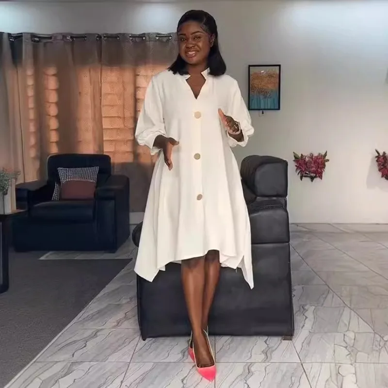 Sólido casual solto camisa vestido com manga feminina primavera verão botão reto único breasted irregular midi vestidos