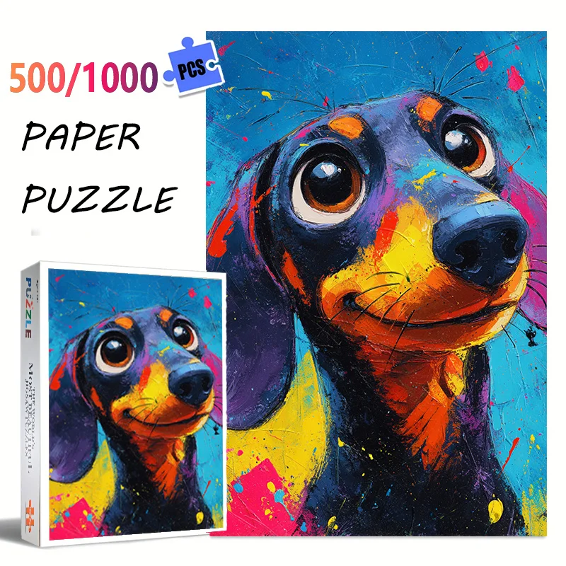 500–1000 Stück extra großes Puzzle – süßer lächelnder Dackel-Hund mit blauer, orangefarbener, gelber Spritzlackierung – dicker Kratzer-R