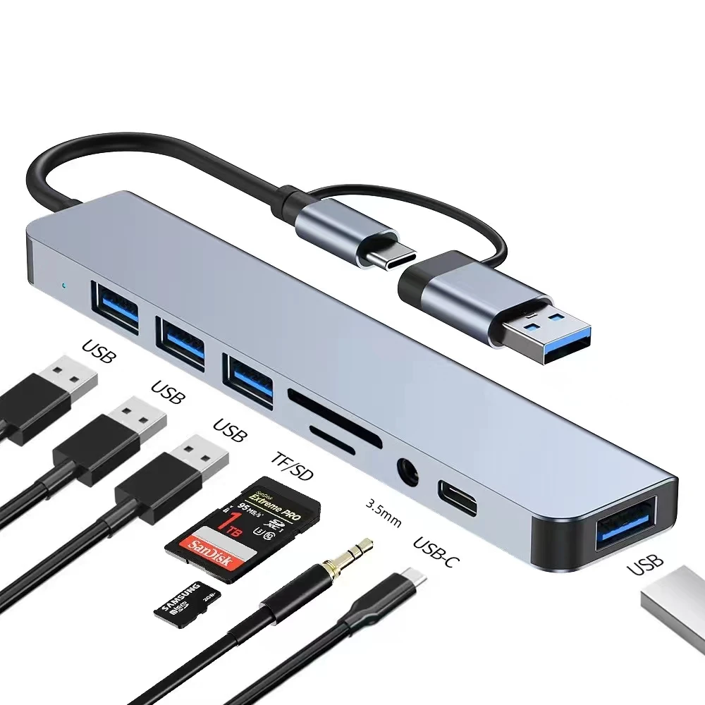 

USB3.0 TYpe-c Dual Head Docking Station 8-in-1 8in1TF SD Card Reading Hub Suitable For Mobile Phones And Computers