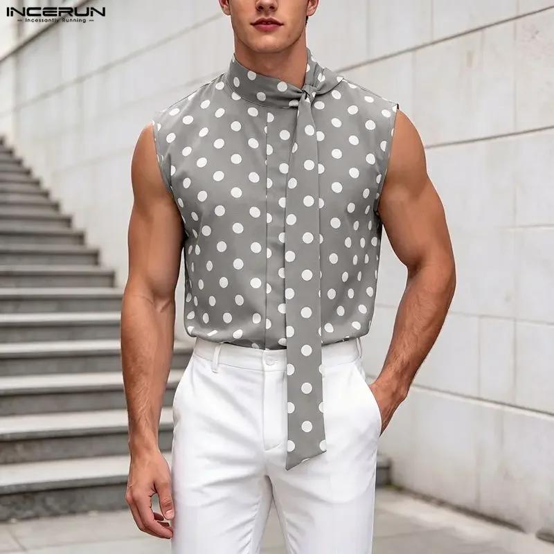 INCERUN Men's Tank Tops Polka Dot Printing Tie Up Sleeveless Men Clothes Summer Streetwear Loose Tops 2026 Fashion Casual Vests