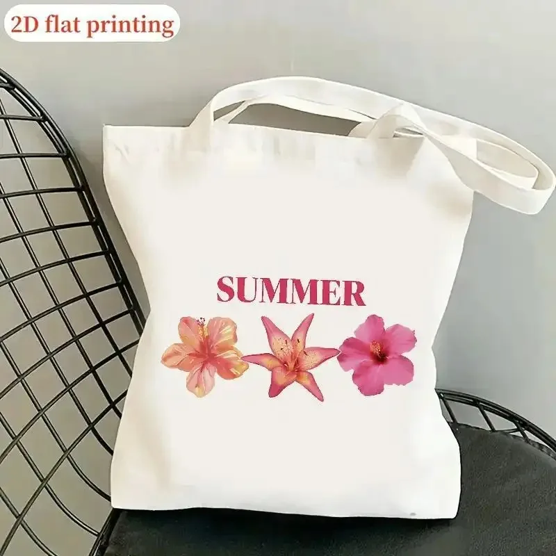 Summer Hibiscus Tote Bag White Beach Bag Brightly Printed Durable Rectangular Shopping Bag Suitable for Travel Daily Use