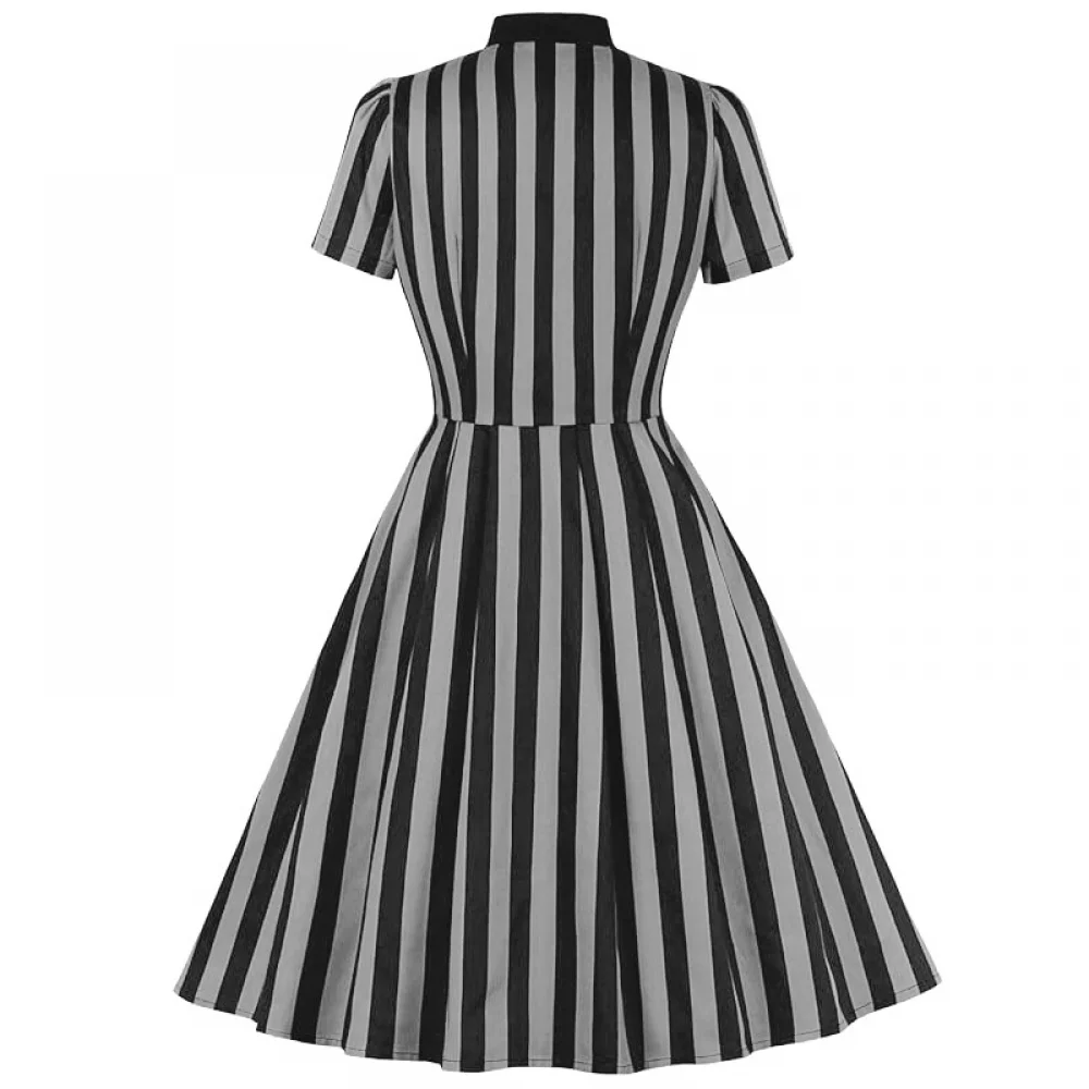 Gaun bergaris 1950-s wanita untuk gaun Retro hitam dan putih gaun motif garis cetak dasi depan Rockabilly kostum Halloween
