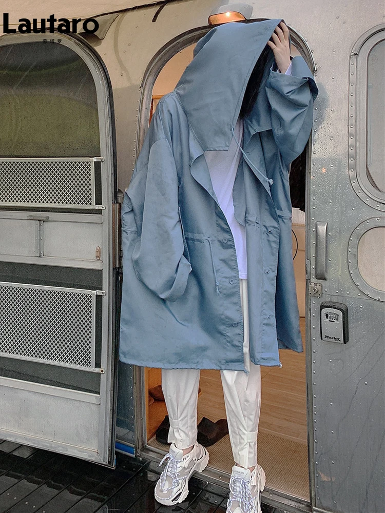 Lautaro Spring Autumn Oversized Long Waterproof Trench Coat for Women with Hood Loose Witchy Aesthetic‌ Streetwear Clothes 2026