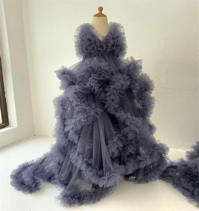 Grey Women Prom Dress Sexy V Neck Sleeveless A Line Tiered Tulle Sleepwear Evening Gown Customized Formal Bridal Robe