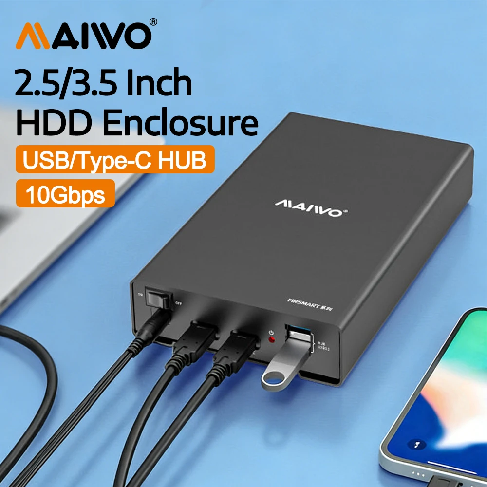 

MAIWO HDD Enclosure with HUB 2.5/3.5 Inch SATA HDD Docking Station 10Gbps Type-C Gen2 HDD/SSD Case Aluminum Shell for PC Macbook