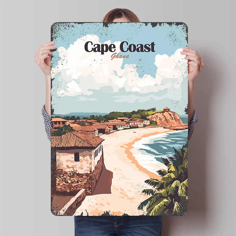 Póster Impreso de Viajes a la Costa de Cabo, Ghana, Arte Mural Personalizado, Letreros Metálicos Retro Vintage para Decoración de Habitaciones, Decoración de Varitas de Juego