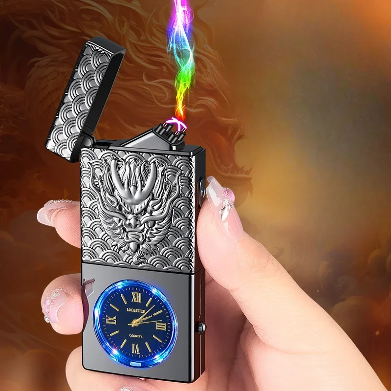 Creative 3D relief intelligent dual arc USB charging lighter portable flameless press sensing watch lighter smoking accessories