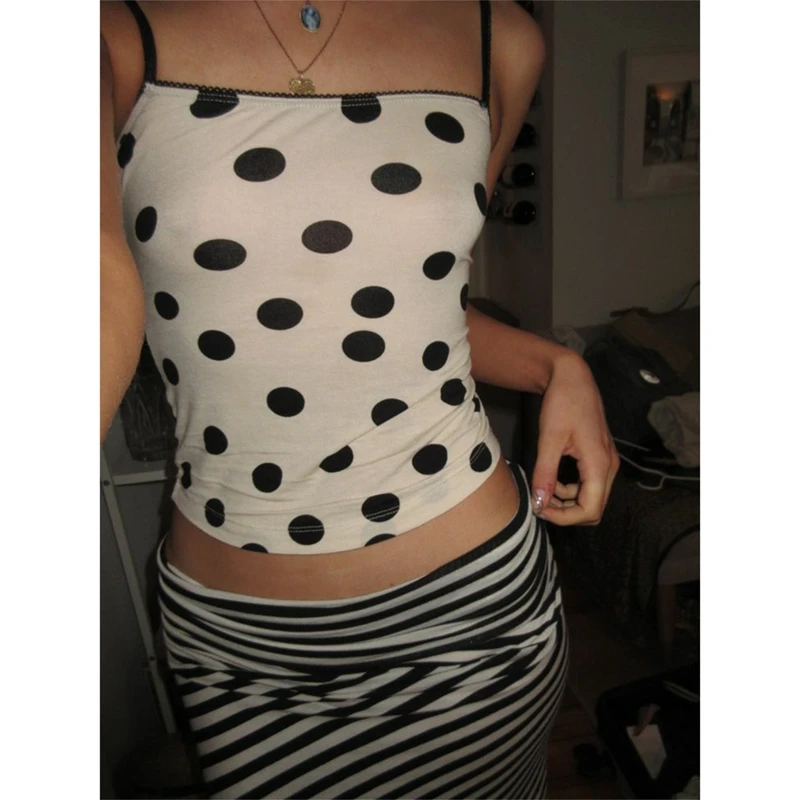 Women Summer Y2k Vintage Polka Dot Print Vest Adjustable Straps Sqaure Neck Slim Backless Tank Tops Sleeveless Shirts