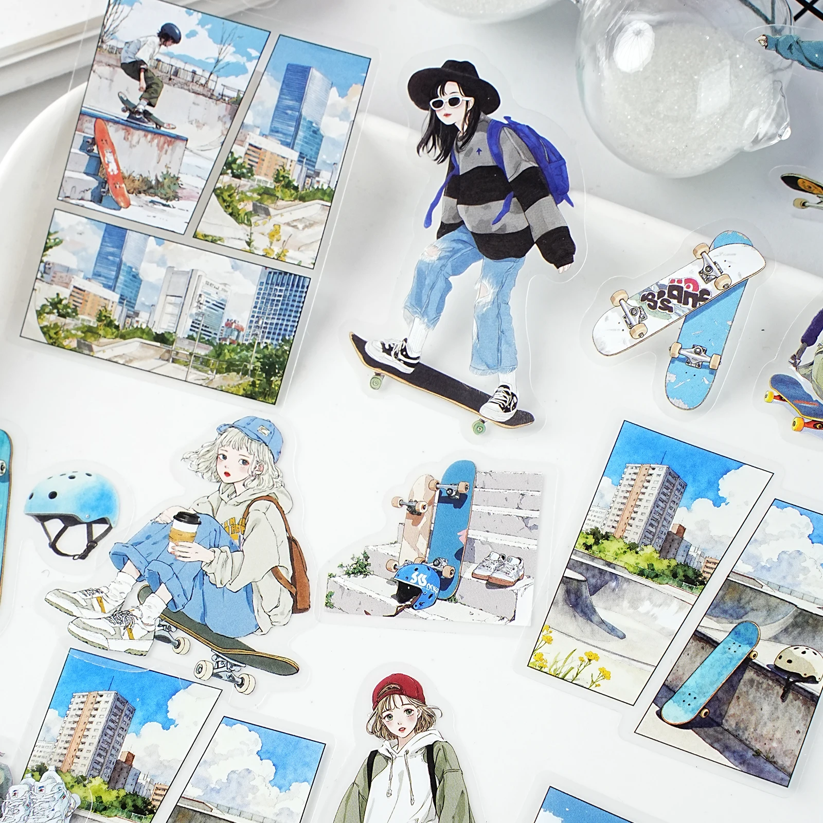 Etori Life Skateboarding Time 30Pcs City Skatepark Stickers Street Cool Skateboarder Decoration Stickers for Laptop, Phone Stickers, Suitcase, Skateboard, Photo Album, Scrapbooking Supplies, Children's Gift Paper Bag, School Supplies, DIY Crafts, Toy Stickers, Gift for Friends