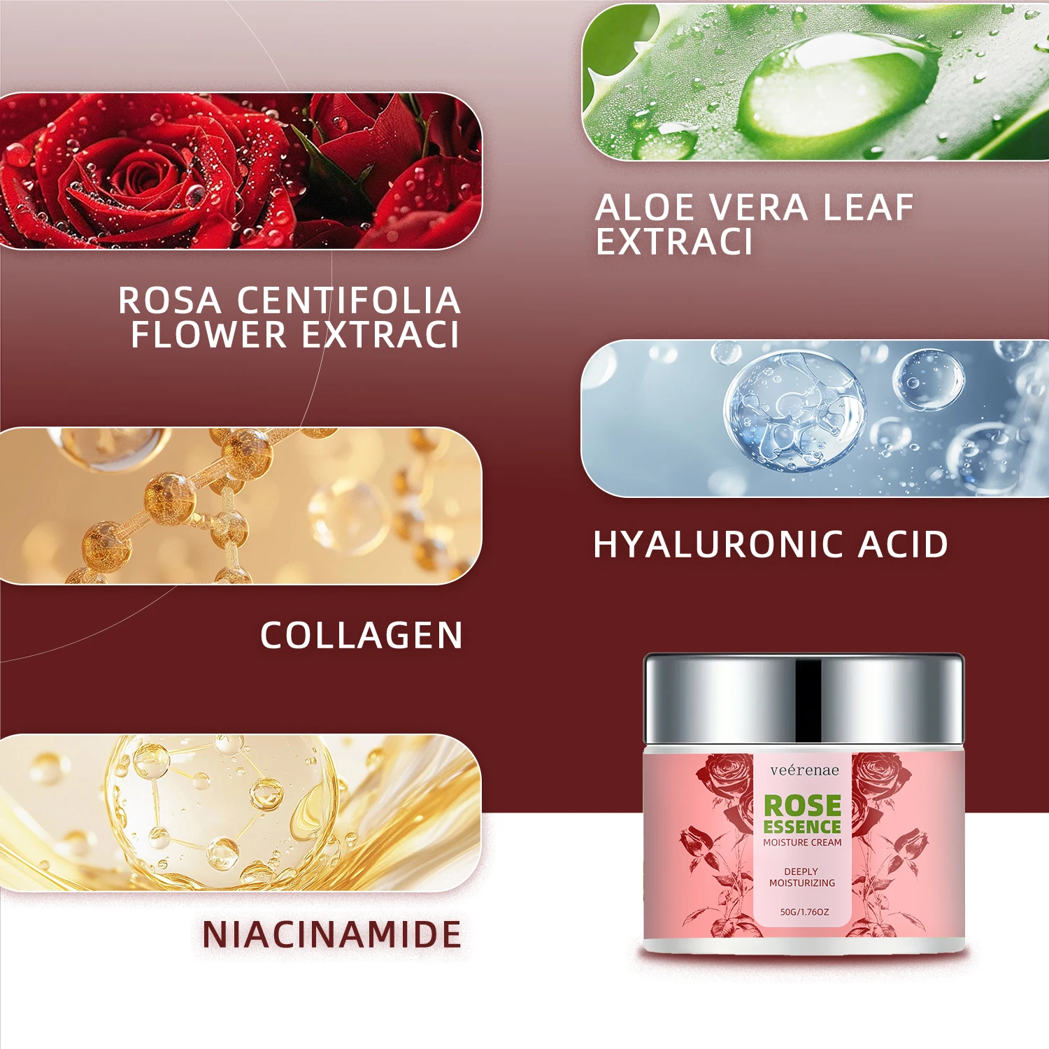 Veérenae ROSE ESSENCE MOISTURE CREAM, : Rose & Collagen for 24H Hydration, All Skin Types, 1.76/1.06OZ Gift